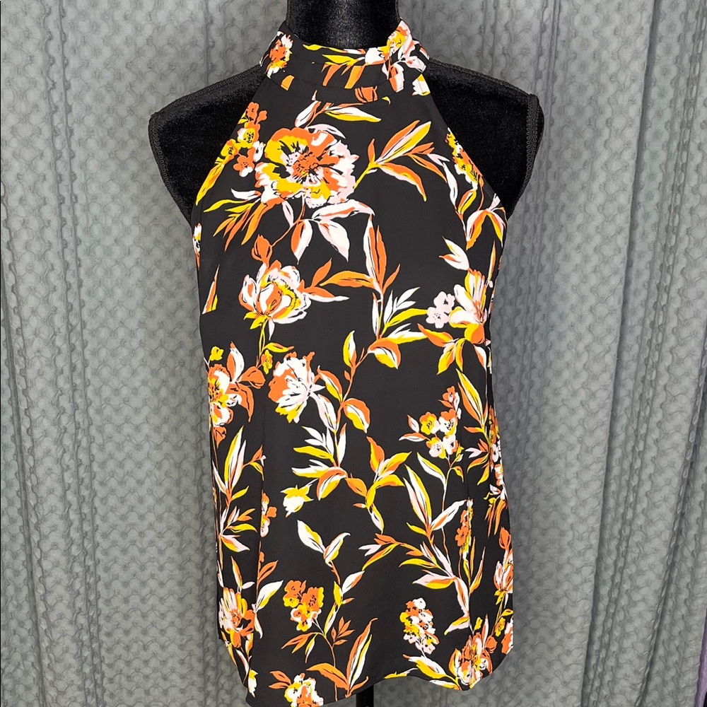 Floral Halter Neck Top - Black and Orange
